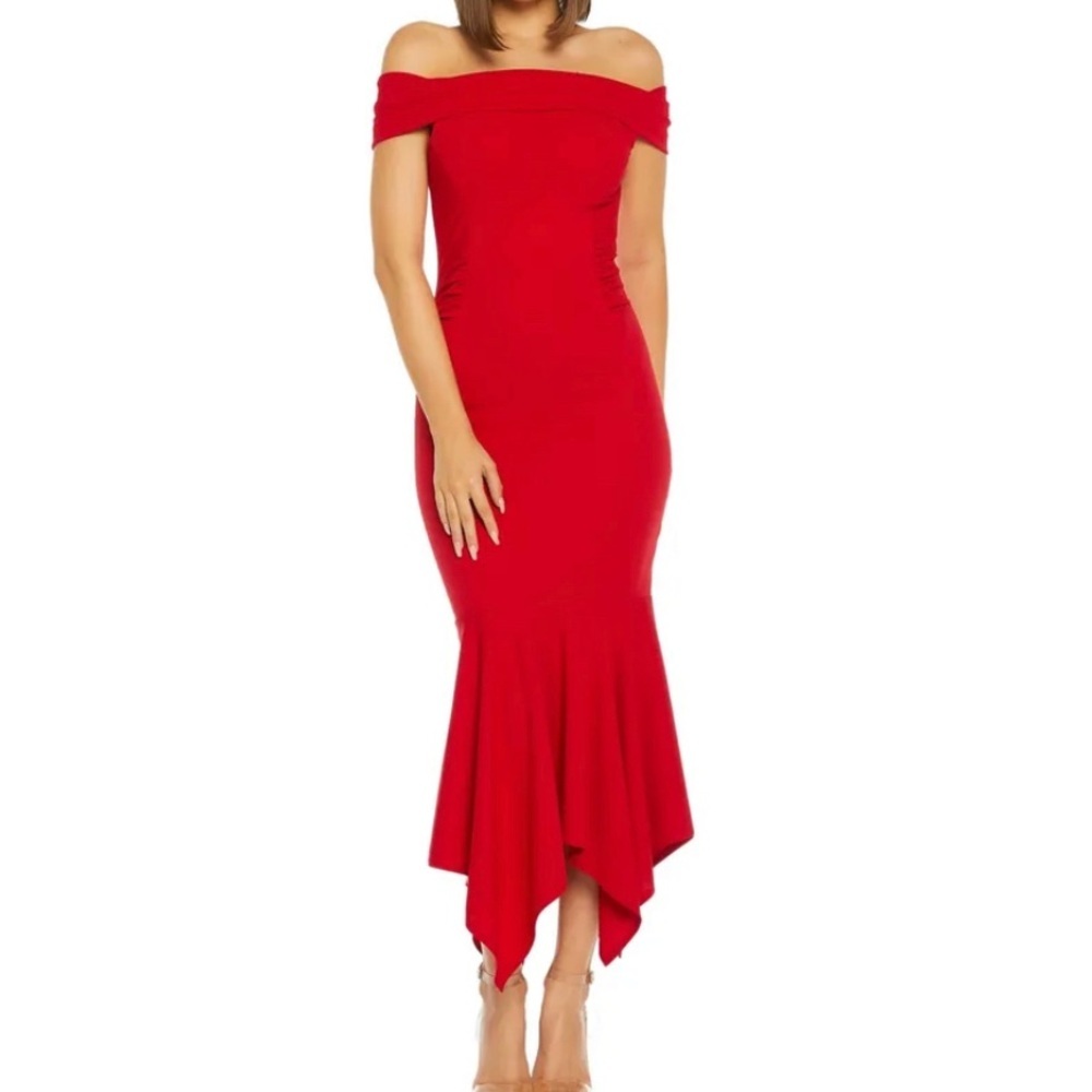 QUIZ Women’s Formal Dress Size 14 Red Handkerchief-hem Gown Off Shoulder Mermaid - Picture 4 of 6